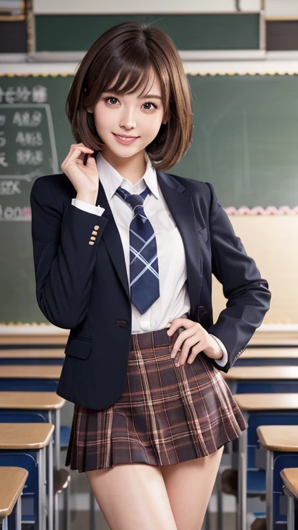 Product quality,1 person,Low Angle,(Realistic),Young and cute Japan,Daytime, ((High school classroom:1.2)),Schoolgirl uniform,blazer,tie,Plaid,Blue Micro Mini Skirt,Very cute face,Glossy Lips,Beautiful big eyes,Brown eyes,Double eyelids on both eyes,(Natural Makeup),Shiny smooth short hair、Brunette Hair,Asymmetrical bangs,Center image,8k resolution,Attention to detail,Detailed hairstyle,Detailed face,Cinema Lighting,Octane Rendering,Ultra-realistic,Perfect limbs,Beautiful feet,Slim thighs,((Bust A cup)),Perfect Anatomy,Bold sexy pose,Burning idol pose、Showing teeth、smile