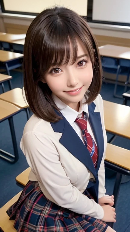 Product quality,1 person,Low Angle,(Realistic),Young and cute Japan,Daytime, ((High school classroom:1.2)),Schoolgirl uniform,blazer,tie,Plaid,Blue Micro Mini Skirt,Very cute face,Glossy Lips,Beautiful big eyes,Brown eyes,Double eyelids on both eyes,(Natural Makeup),Shiny smooth short hair、Brunette Hair,Asymmetrical bangs,Center image,8k resolution,Attention to detail,Detailed hairstyle,Detailed face,Cinema Lighting,Octane Rendering,Ultra-realistic,Perfect limbs,Beautiful feet,Slim thighs,((Bust A cup)),Perfect Anatomy,Bold sexy pose,Burning idol pose、Showing teeth、smile