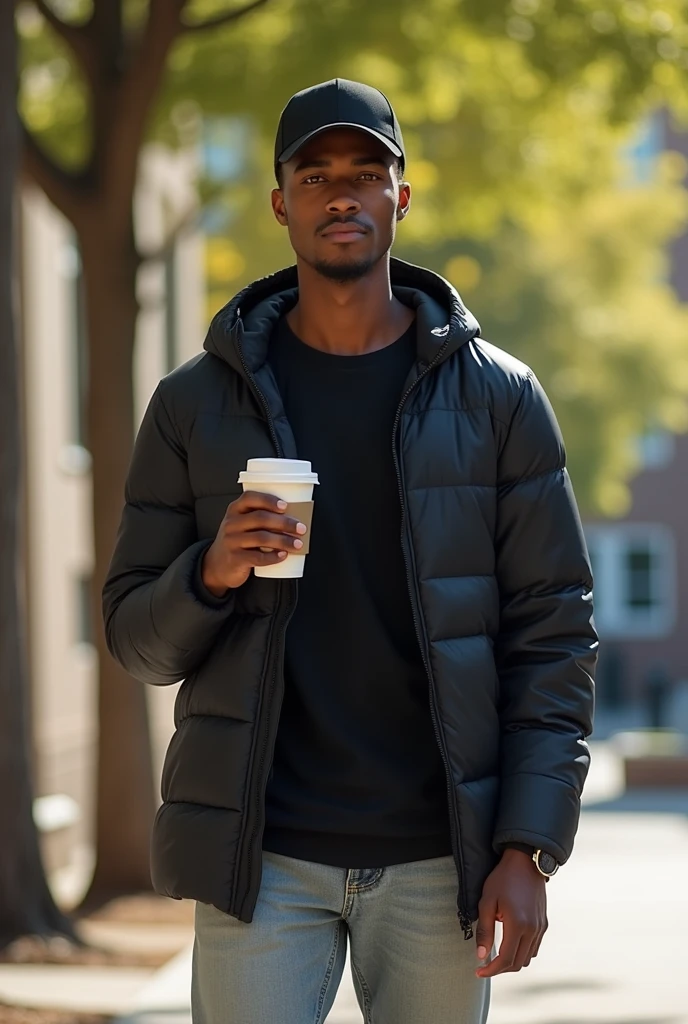 best qualityer:1.4), (ultra high resolution:1.2), (photorrealistic:1.4), (8k, CRU photo:1.2), a thin young man of 20 years old, skin black, with a smooth, beardless face, corte de cabelo buzzcut. He is wearing a black shirt and a black puffer jacket.. He's wearing light jeans. standing. In the background there is a tree and a college building. He's wearing a black cap. He has a coffee in his hand. It's sunny. thin build.