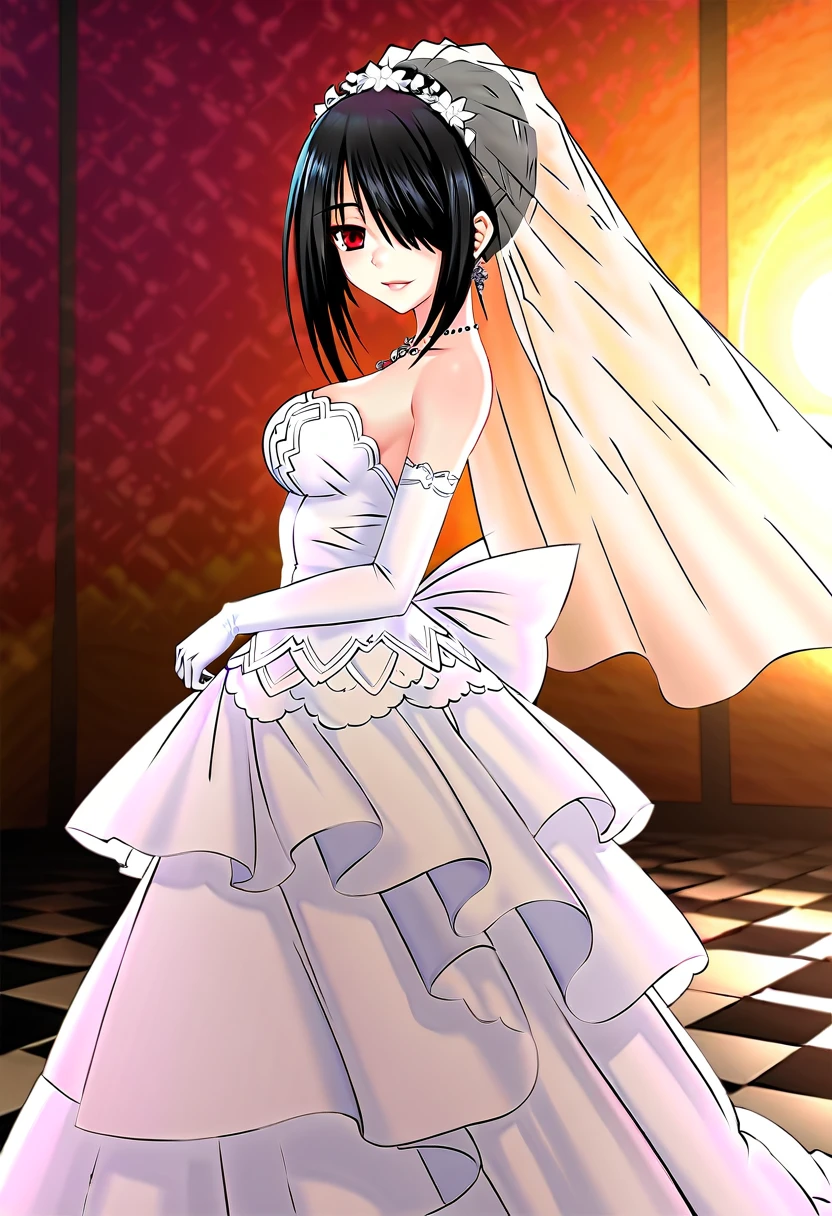 tokisaki kurumi,((masterpiece)),(((best quality))),((ultra-detailed)),((illustration)),((disheveled hair)),((frills)),(1 girl),(solo),1girl,bare shoulders,black hair,bow,bridal veil,bride,checkered,checkered floor,clothes pull,clothing,cross,dress,dress lift,dress pull,earrings,elbow gloves,female,female only,full body,garter straps,glass slipper,gloves,hair bun,hair over one eye,hand on window,headdress,head turned,high heels,jewelry,lace,lace trim,lace-trimmed legwear,lace-trimmed thighhighs,legs,lingerie,long legs,looking at viewer,necklace,open dress,open wedding dress,parted lips,red eyes,shoes,short hair,short hair with long locks,side view,smile,strapless dress,sunbeam,sunburst,sunlight,thighhighs,tied hair,veil,wedding dress,white bow,white legwear,white thighhighs,window,full body,Rating:safe,profile,from side,


