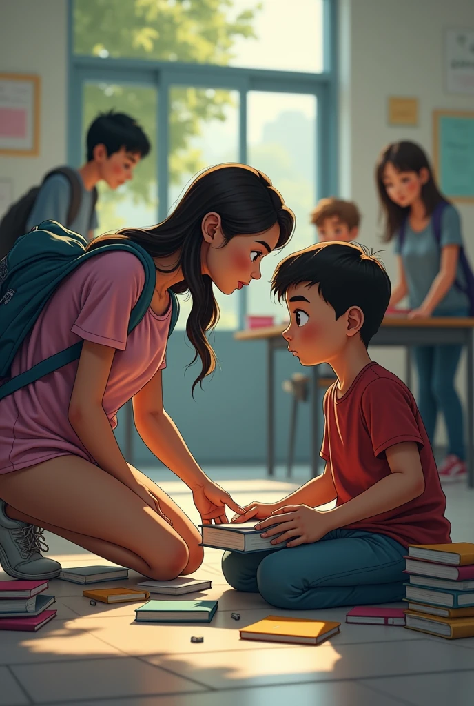 Create an image of a woman helping a man who has been bullied. In the scene, the man is depicted as being on the ground with some books scattered around him, while a group of people (bully figures) are in the background, looking away. The woman, who should appear concerned and kind, is kneeling down to pick up the books and hand them to the man. The setting is a school environment, with a classroom or outdoor area in the background. Ensure the woman is shown as supportive and the overall tone of the image is compassionate.