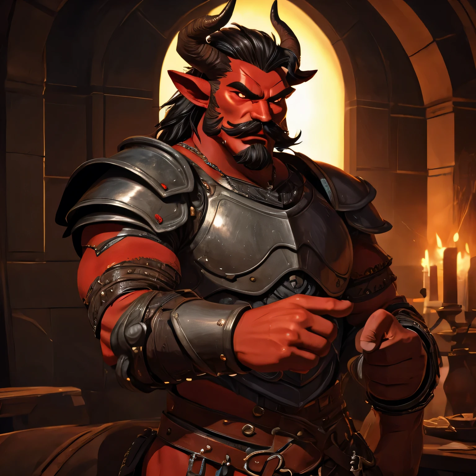 rpg character, half-human demon red skin muscular, long black hair, goatee and mustache, horns pointing forward, armour, 