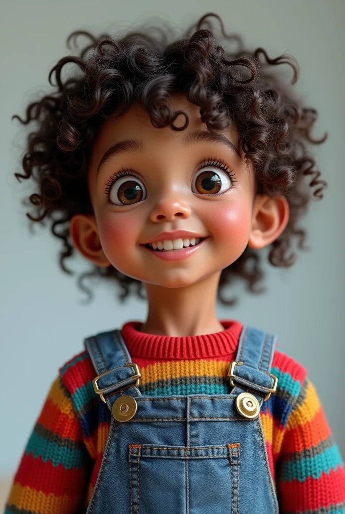 (photorealism:1.2),a  with PANTONE 80-6 C skin,curly hair with less hair on the sides than on top,Long-faced, small, round, dark brown eyes, Medium teeth forward and slightly apart, with a red, blue and green striped sweater, with a pair of jeans-colored overalls unbuttoned on the left side 