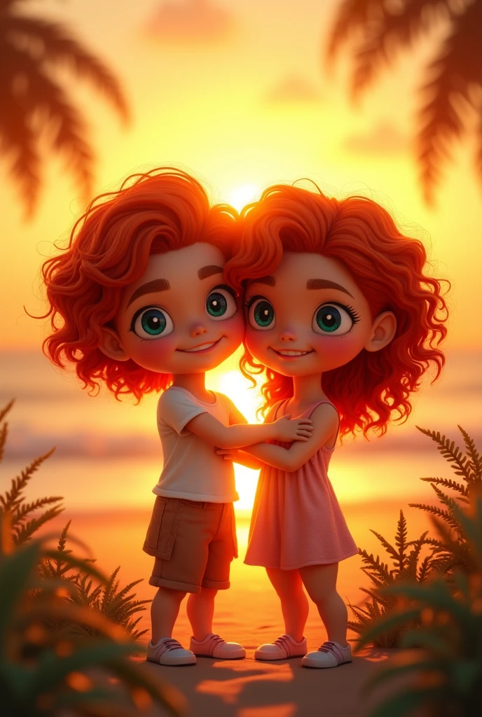 An image of a 2 cute latino with bright red hair and ocean blue eyes standing in the sunset in yellow orange golden hour light coming from side smiling brightly her hair are wavy and fluffy 