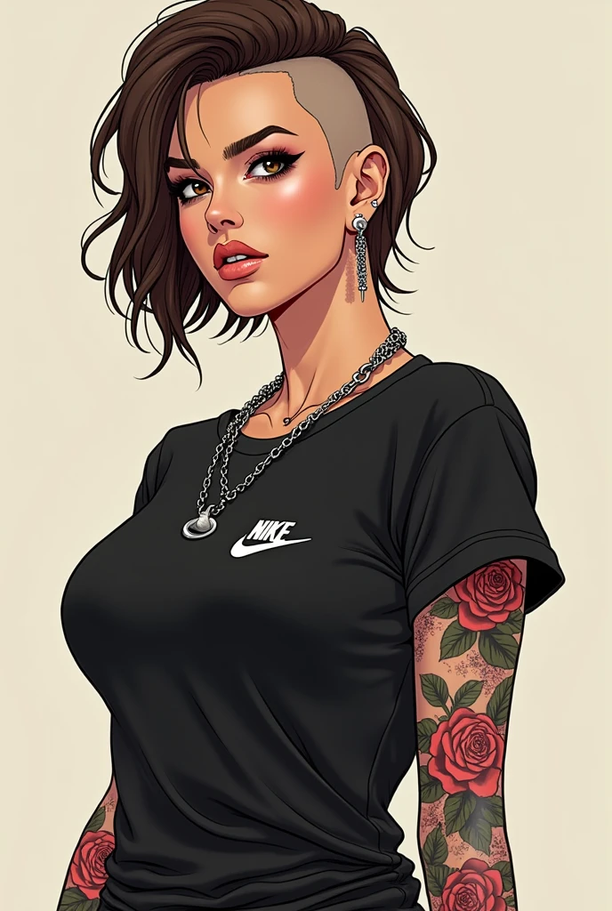 Style manga, A 3 curvy woman with short brown hair shaved on the sides. Des écarteurs aux oreilles et une chaine en argent autour du cou avec deux bagues accrochées dessus. She has a scar under her lower lip. Porte un t-shirt noir nike large. His entire right arm has a tattoo of roses. busty