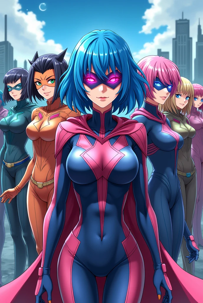 An anime team of nine heroes with different costumes, each hero has his own color, and among them is a girl with blue hair, a costume, and a mask with pink eyes. 