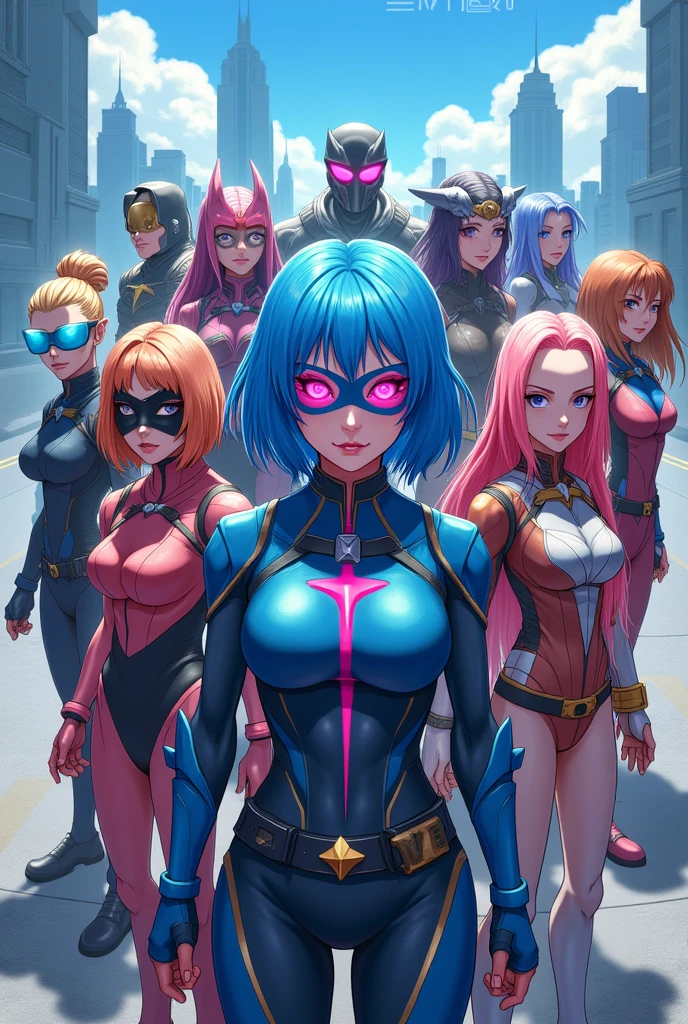 An anime team of nine heroes with different costumes, each hero has his own color, and among them is a girl with blue hair, a costume, and a mask with pink eyes. 