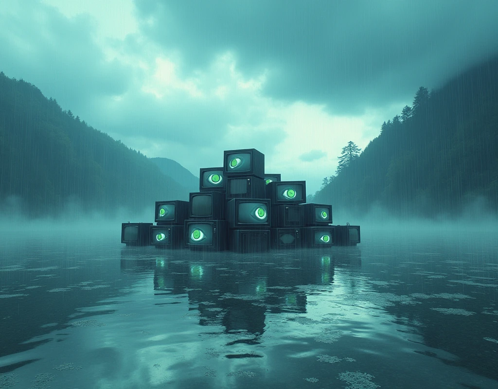 Large body of shallow water, le ciel est bleu et les nuages blancs, it is raining, At the center of the image, il y a un tas de television cathodique diffusant des images de yeux en train de pleurer