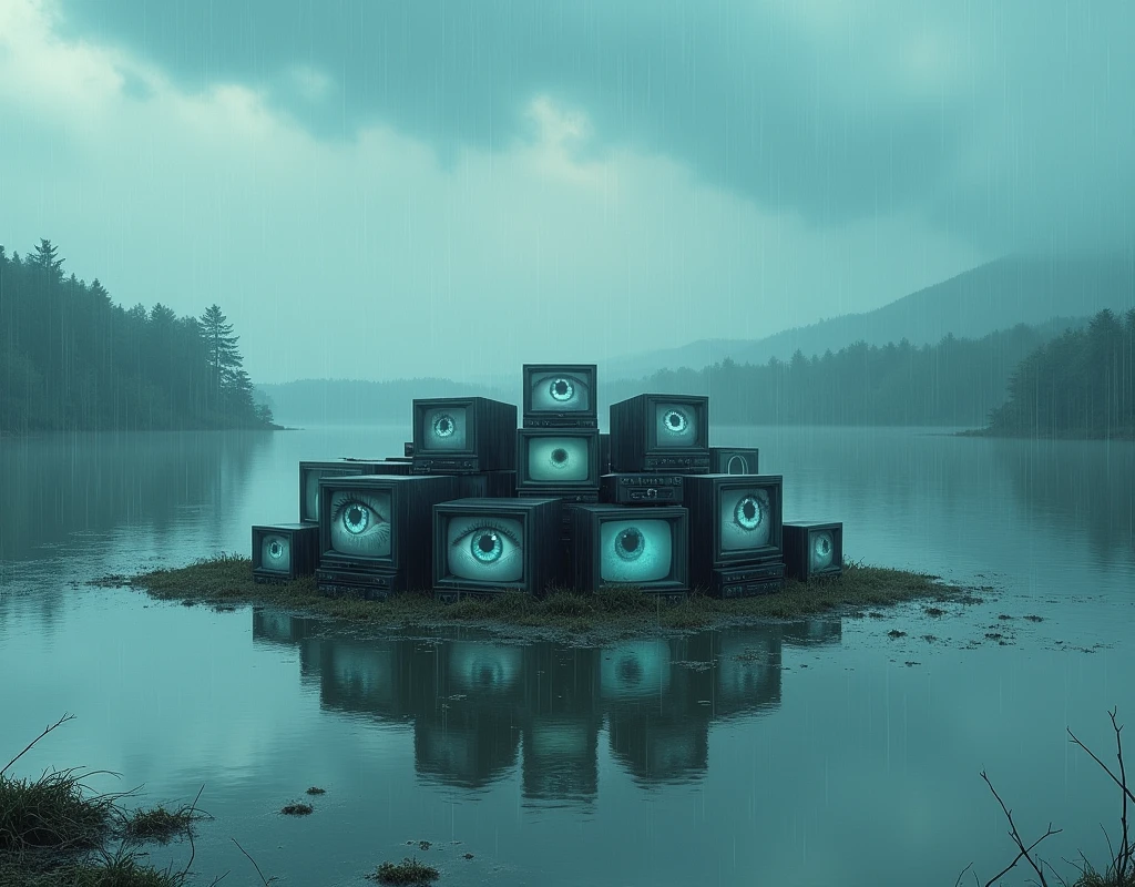 Large body of shallow water, le ciel est bleu et les nuages blancs, it is raining, At the center of the image, il y a un tas de television cathodique diffusant des images de yeux en train de pleurer