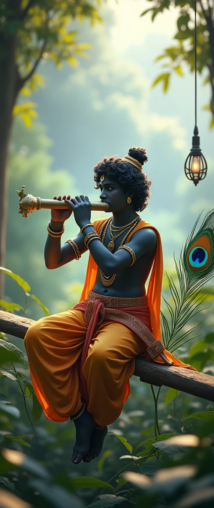 Lord Krishna, sitting on seesaw playing flute with hand in his head have peacock feather in background solar panels