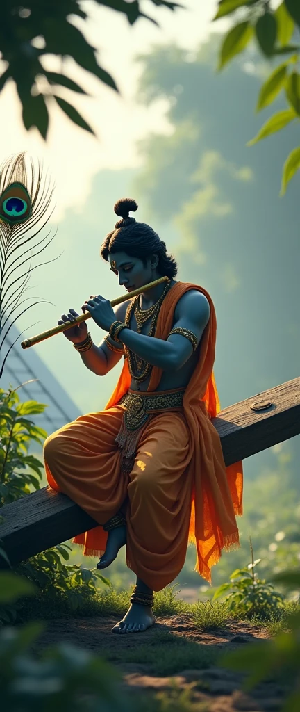 Lord Krishna, sitting on seesaw playing flute with hand in his head have peacock feather in background solar panels