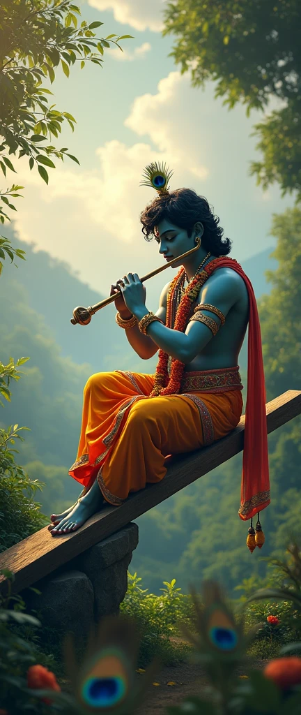 Lord Krishna, sitting on seesaw playing flute with hand in his head have peacock feather in background solar panels