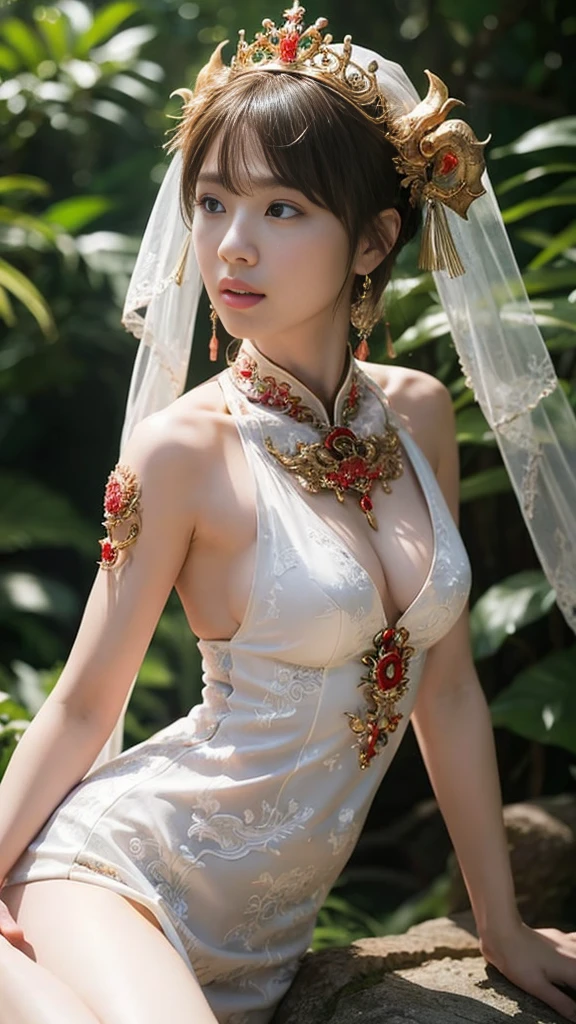 (Fight fiercely with the dragon)、Highest quality、masterpiece、Ultra-high resolution、（White Dragon Armor）、Dragon Armor、(Wearing a beautiful crown made of jewels),(Photorealistic:1.4)、RAW Photos、1 person、Blonde、Glowing Skin、(((Chinese Dragon)))、（gorgeous jewelry necklace）、（Mystical Expressions）、（hugeなドラゴンと戦う）、With a beautiful knife、（White Metal Bodysuit）、(Beautiful forest background)、Steep cliffs、(Small LED)、((Ultra-Realistic Details))、Portrait、Global Illumination、Shadow、Octane Rendering、（One-eyed scouter）、8k、Super sharp、huge 、Bare skin exposed in the cleavage、Metal、Intricate decorative details、More about Japan、Very intricate details、Realistic Light、CGSoation Trend、Red eyes、Shining Eyes、To the camera、Neon Details、(Mechanical Limbs)、(Blood vessels connected to tubes)、Mechanical vertebrae attached to the back、Cervical vertebrae mechanically attached to the neck、(Wires and cables connected to the head)、Gundam、Small LED、,Mechanical thighs、Toostook、（Hands are also made of machines）、（Veil）、
