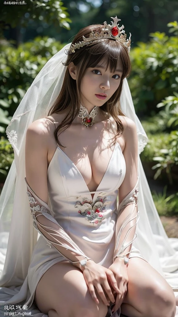 (Fight fiercely with the dragon)、Highest quality、masterpiece、Ultra-high resolution、(White Dragon Armor)、Dragon Armor、(Wearing a beautiful crown made of jewels),(Photorealistic:1.4)、RAW Photos、1 person、Blonde、Glowing Skin、(((Chinese Dragon)))、(gorgeous jewelry necklace)、(Mystical Expressions)、(hugeなドラゴンと戦う)、With a beautiful knife、(White Metal Bodysuit)、(Beautiful forest background)、Steep cliffs、(Small LED)、((Ultra-Realistic Details))、Portrait、Global Illumination、Shadow、Octane Rendering、(One-eyed scouter)、8k、Super sharp、huge 、Bare skin exposed in the cleavage、Metal、Intricate decorative details、More about Japan、Very intricate details、Realistic Light、CGSoation Trend、Red eyes、Shining Eyes、To the camera、Neon Details、(Mechanical Limbs)、(Blood vessels connected to tubes)、Mechanical vertebrae attached to the back、Cervical vertebrae mechanically attached to the neck、(Wires and cables connected to the head)、Gundam、Small LED、,Mechanical thighs、Toostook、(Hands are also made of machines)、(Veil)、