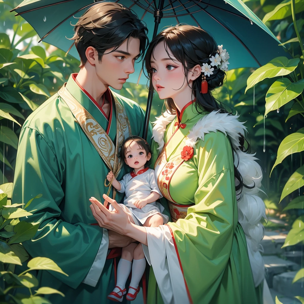 A one-year-old baby boy in an ancient Chinese baby costume with his beautiful mother, dressed in an white ancient Chinese costume, playing with each other, with his handsome father standing next to his mother, close up.
Stand holding an umbrella to protect from the rain. Rain fell and splashed around. There are water droplets falling on the leaves in the surrounding area, green and moist, the atmosphere after rain.