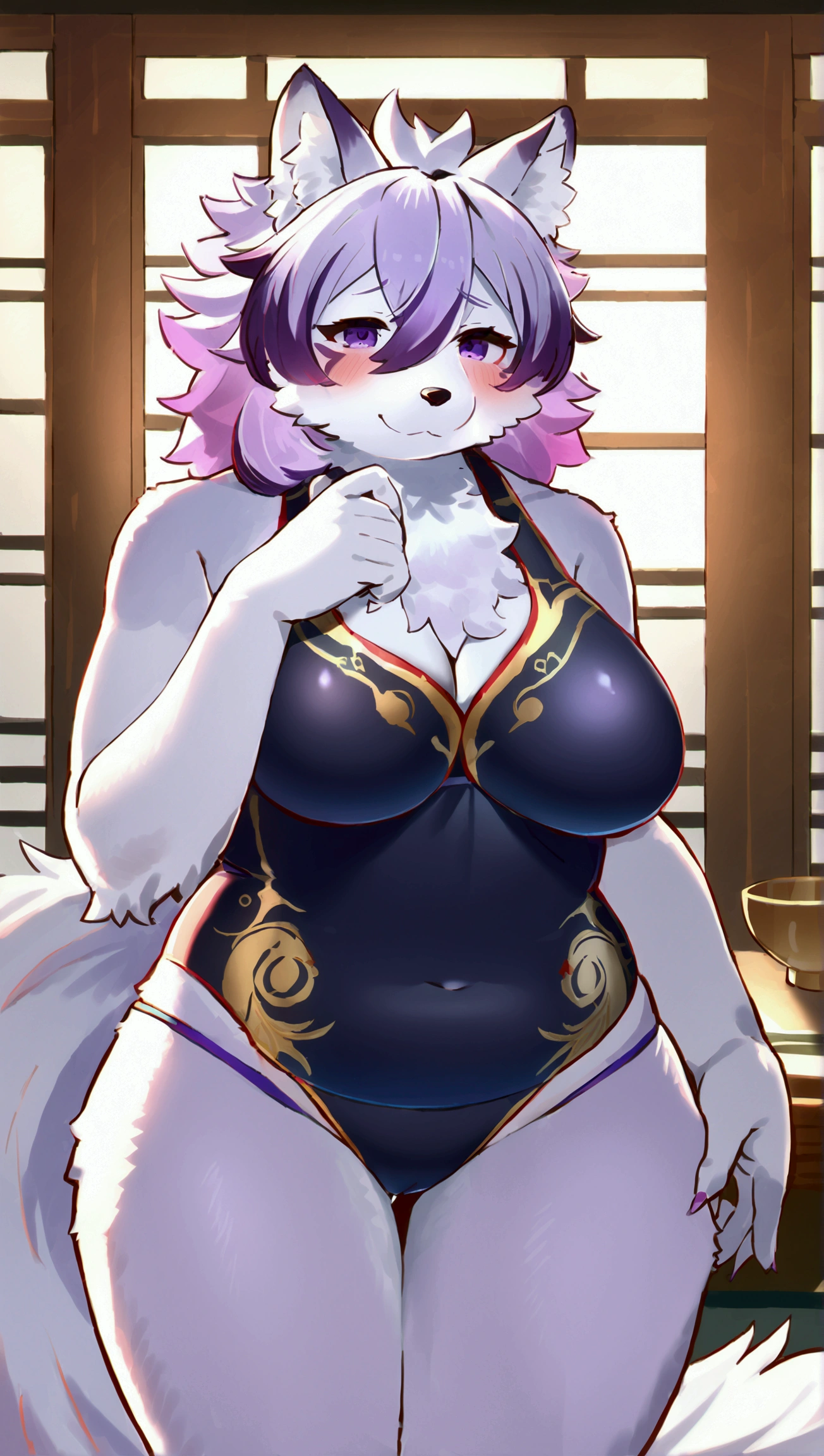 (top quality, best quality, High-quality illustrations, masterpiece, 16k, 1080p, uploaded on e621)(kemono, furry, anthro, alone), round, 1 female, hot mother figure, very detailed body face and eyes, wolf, Hekate, (Tokyo Afterschool Summoners), chubby body, purple fur, fluff, big breasts, chest tuft, tail, perfect eyes, purple eyes, gradient hair, beautiful alchemist two-piece swimsuit, wolf jewelry, beautiful day in Kyoto, body movement, body twitching, body trembling, red blushing, shy smile