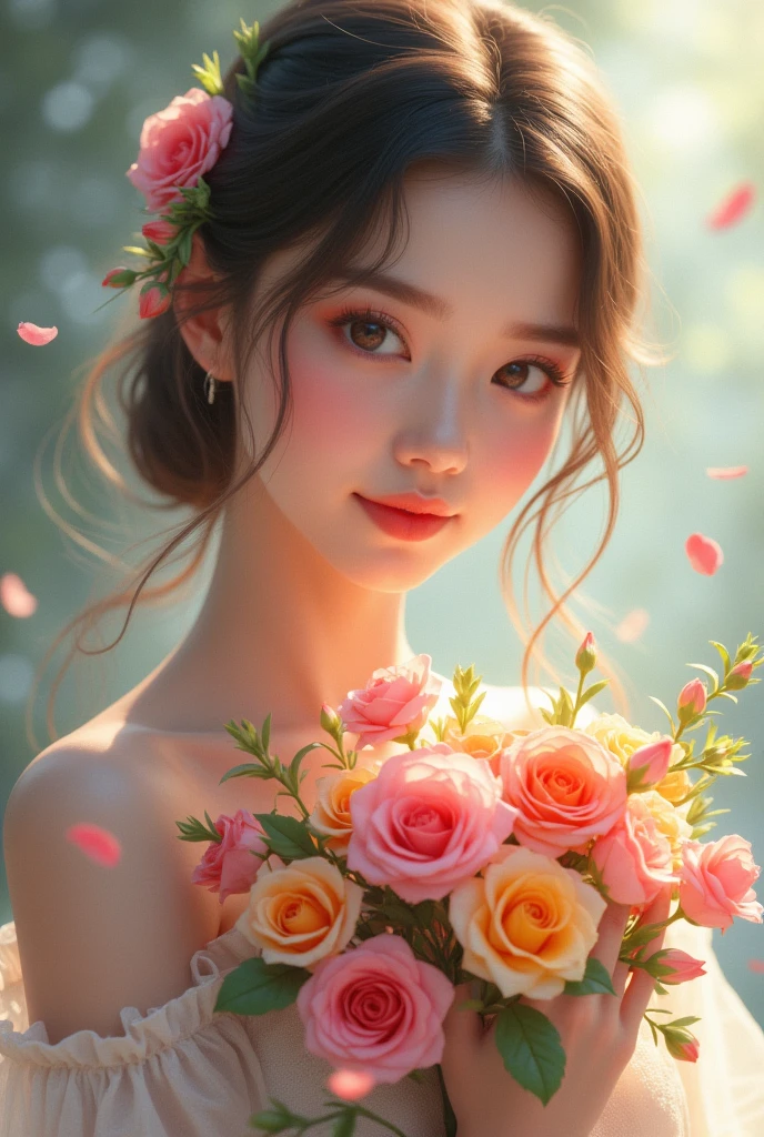 Beautiful girl holding flowers 
