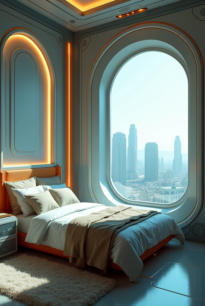 A Gorgeous Sci-Fi Bedroom Matte Painting by John Harris, sparth 和 greg rutkowski. Sharp Edges, Tiffany Blue, Gray-orange, White and Gold. Sci-fi bedroom in the space base, Outside the window is the city skyline of the future, Lighting Effects. Ultra-clear and detailed, 3 d, Octane Rendering. Eight thousand