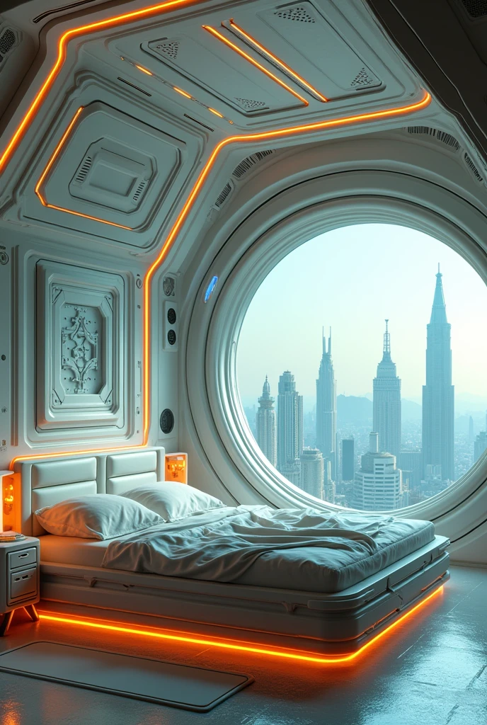 A Gorgeous Sci-Fi Bedroom Matte Painting by John Harris, sparth 和 greg rutkowski. Sharp Edges, Tiffany Blue, Gray-orange, White and Gold. Sci-fi bedroom in the space base, Outside the window is the city skyline of the future, Lighting Effects. Ultra-clear and detailed, 3 d, Octane Rendering. Eight thousand