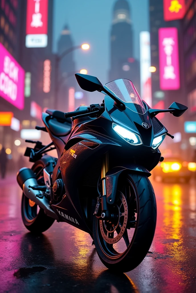 A Black YAMAHA R15 in a cyberpunk city and yellow and pink neon lights and glowing her headlight in WHITE colour