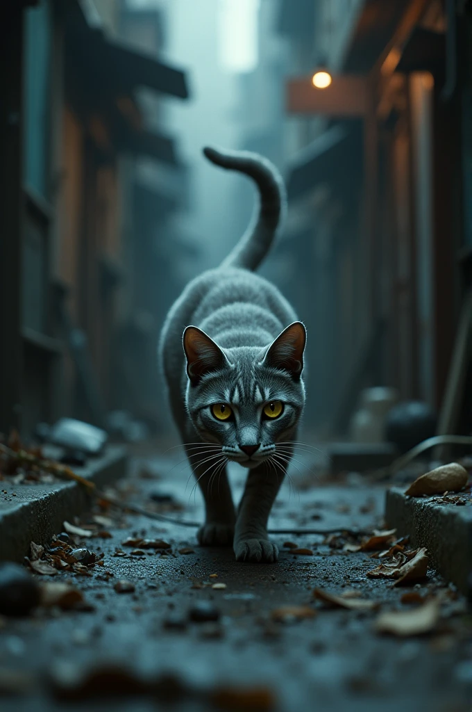 A gray cat is sneaking around.