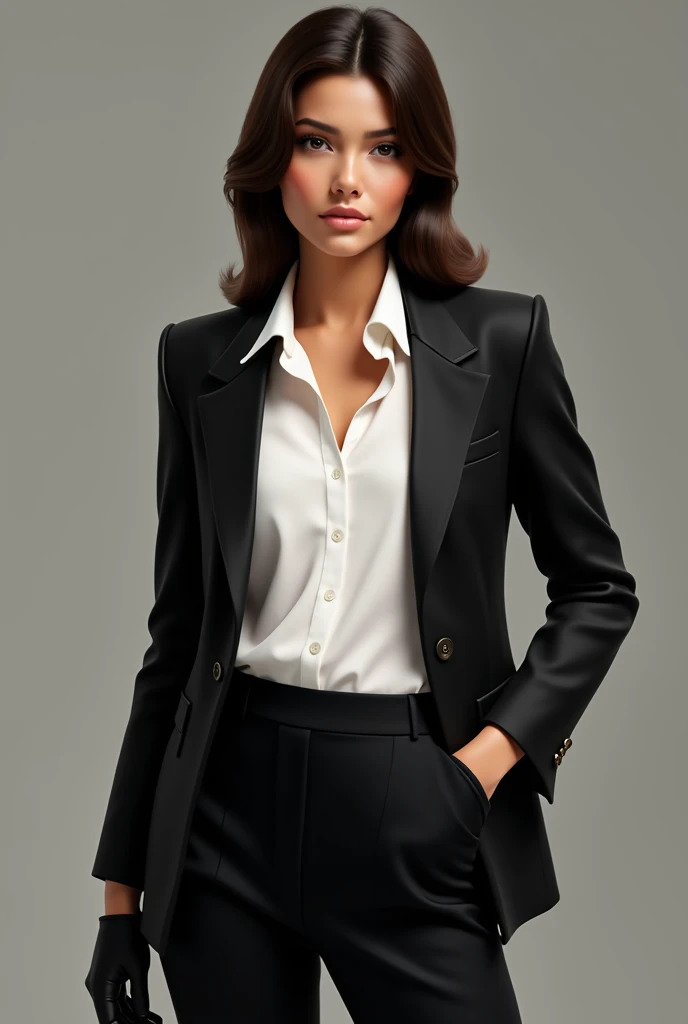 Latin American Costa Rican brunette person with a black jacket, black gloves, white shirt and black pants