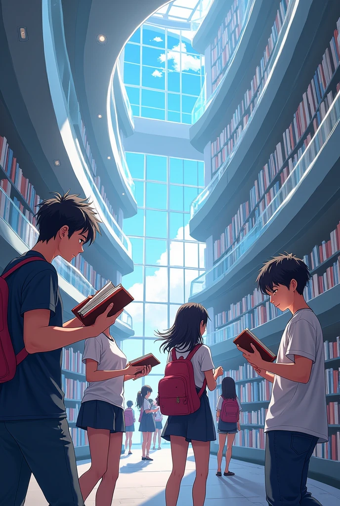 A library in the future with Thai students reading books, anime style