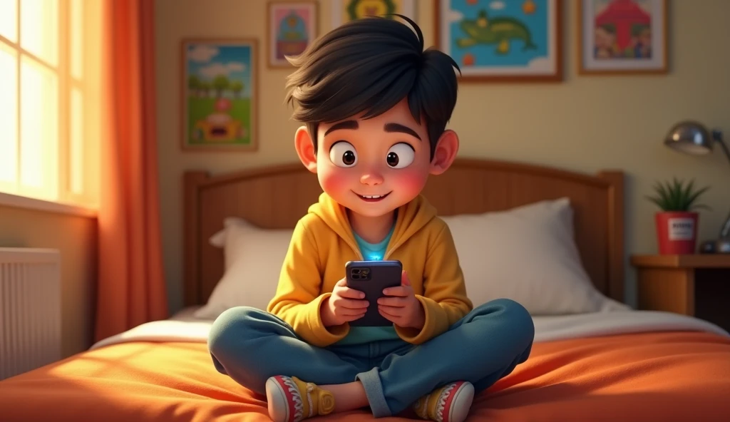 Show a young boy, Rahul, in his room excitedly using a new smartphone. The room is cozy with a bed, study table, and posters on the wall. Rahul's face shows excitement as he discovers a mysterious app on the phone.
