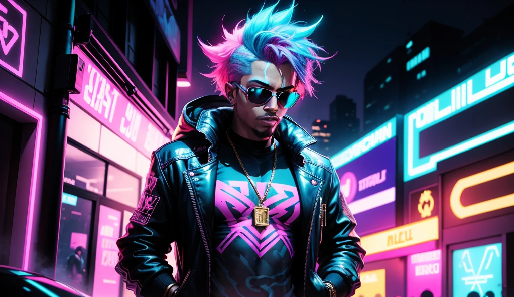 A futuristic neon-lit sculpture of a man, wearing oversized sunglasses and a gold chain, intricate graffiti patterns on the skin, vibrant colors. Background filled with comic book style graffiti, neon blue and pink hues. Dynamic lighting, shadow highlights, vivid contrast. Created Using: cyberpunk art style, UV paint effect, comic book influences, 4K rendering, neon glow, digital illustration, high contrast lighting, graffiti art