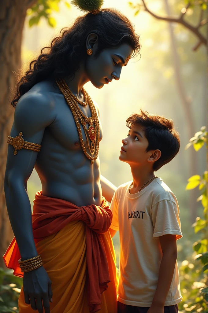 Lord krishna with a boy and boy wear a t shirt and t shirt name is Amrit