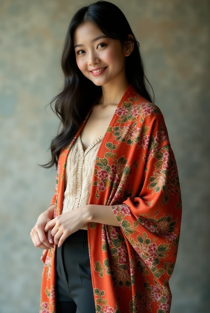 Woman wearing filipino kimona and slacks