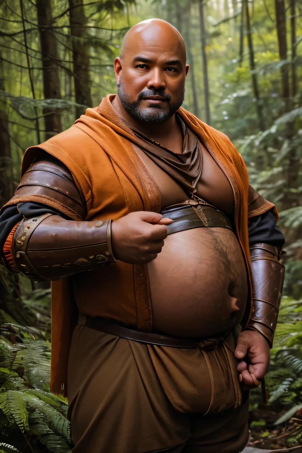 (8K, high definition, high quality, highly detailed) Handsome bald Asian daddy. chubby archer. big tummy. medieval clothes. wearing a green long- sleeved shirt. wearing a brown leather armor. wearing a brown pants. wearing a long orange shawl. aiming with a bow and arrow. forest background. blurred background.
