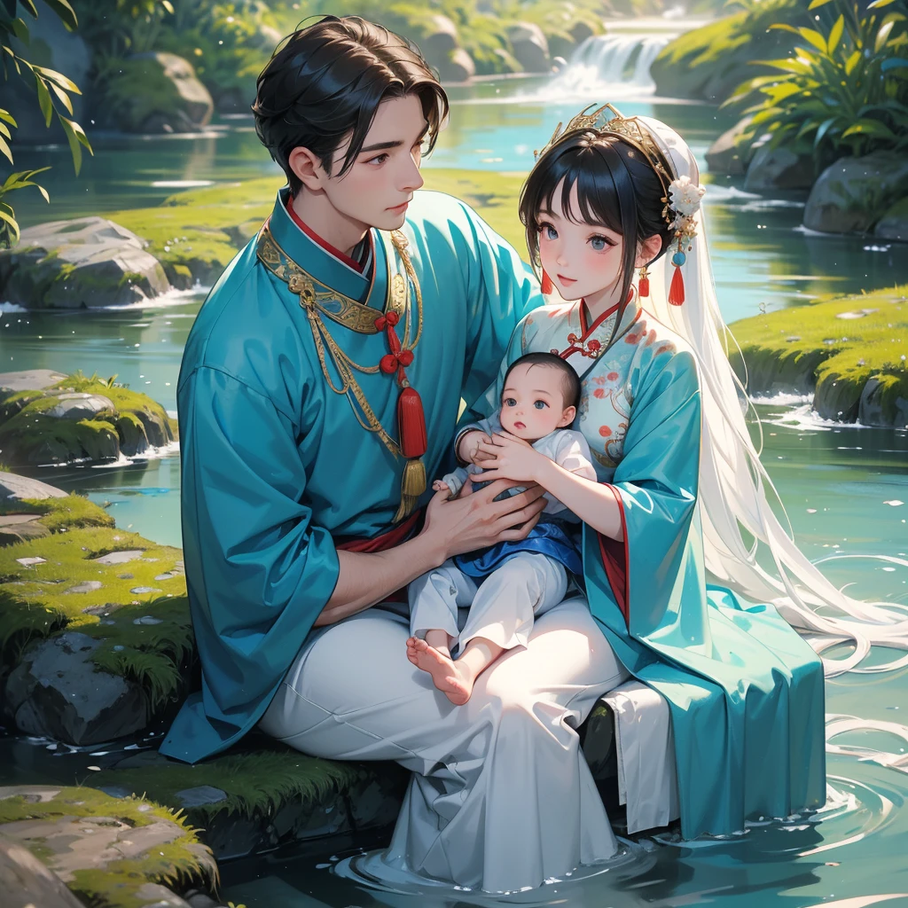 A one-year-old baby boy in an ancient Chinese baby costume with his beautiful mother, dressed in an white ancient Chinese costume, playing with each other, with his handsome father standing next to his mother, close up.

Sitting fishing next to a green stream, a blue river full of fish. flowing slowly