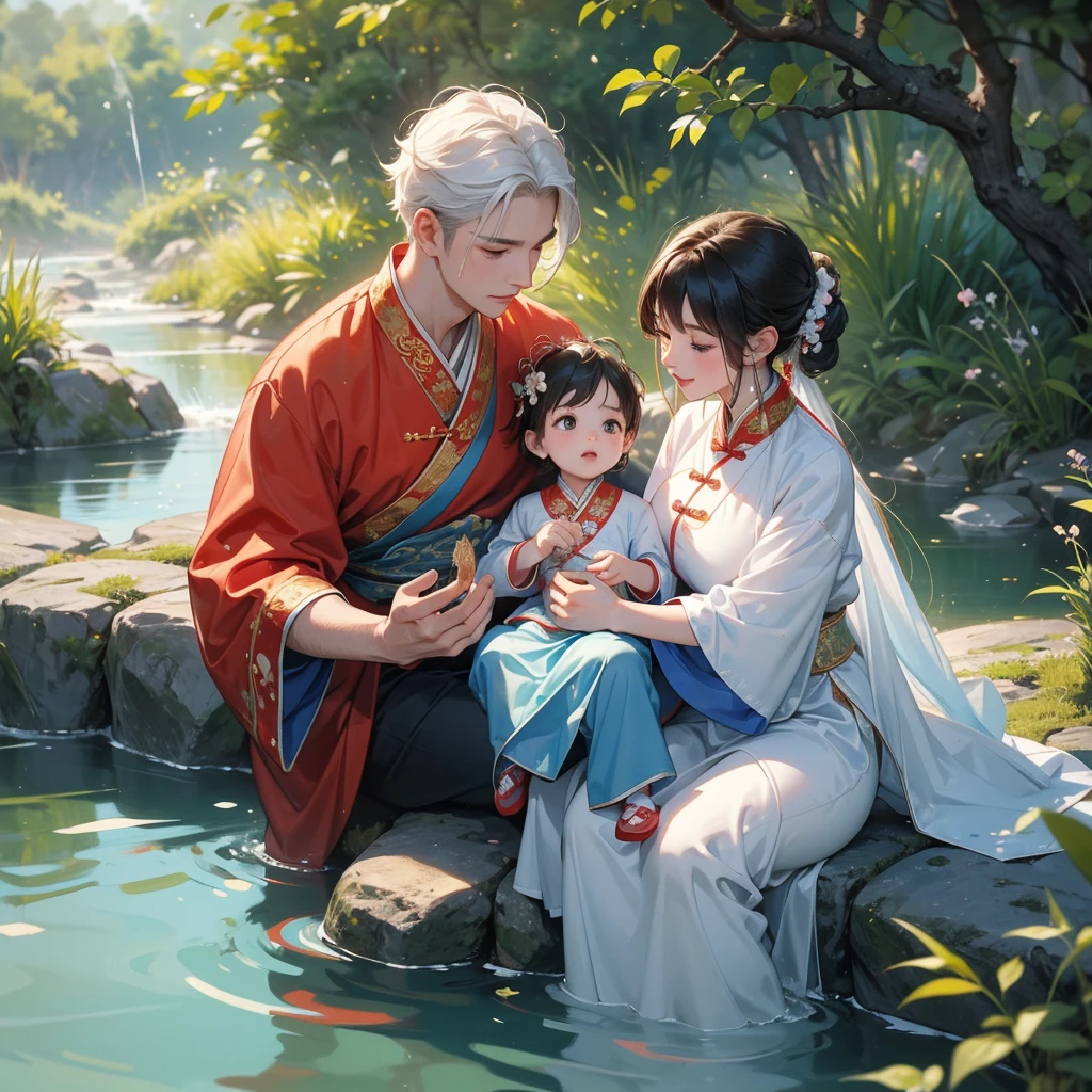 A one-year-old baby boy in an ancient Chinese baby costume with his beautiful mother, dressed in an white ancient Chinese costume, playing with each other, with his handsome father standing next to his mother, close up.
Sitting fishing next to a green stream, a blue river full of fish. flowing slowly