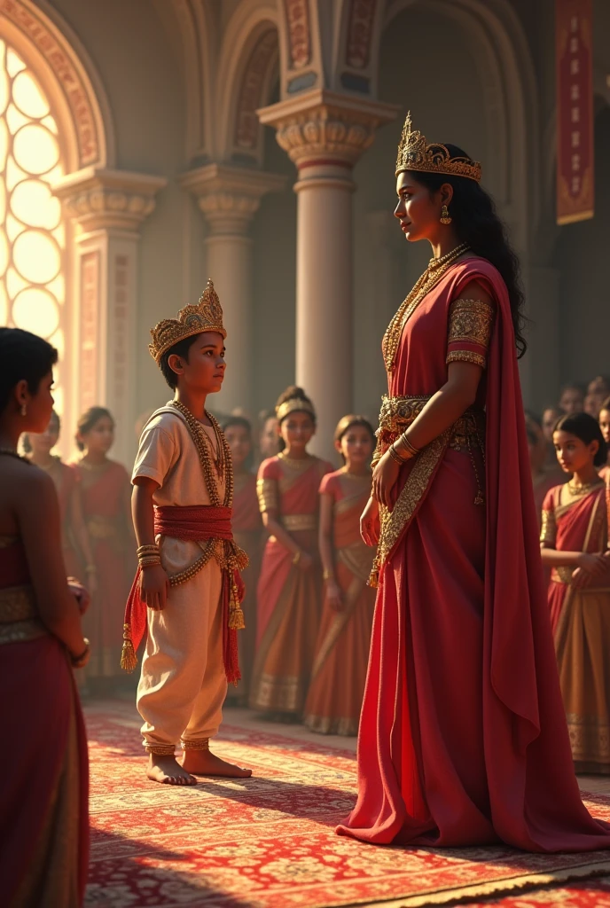 in 3d, Coronation of Prithviraj Chauhan: A scene depicting Prithviraj as an eleven-year-old being crowned as the king under the guidance of his mother, Queen Karpuradevi.