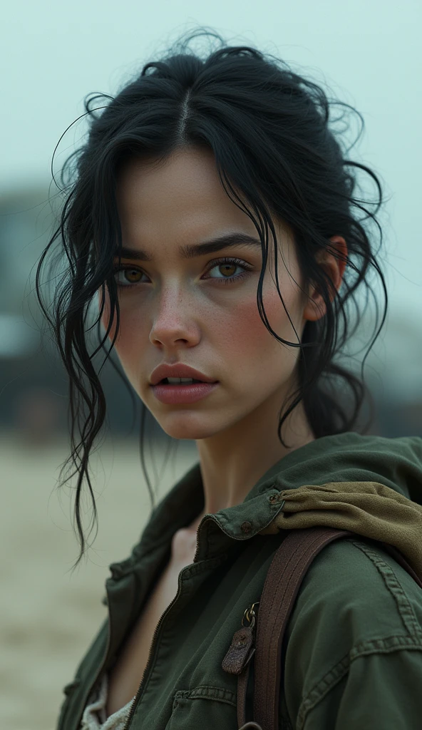 a lost woman on a deserted island, crashed plane in the background, beautiful detailed eyes, beautiful detailed lips, extremely detailed face, long eyelashes, messy hair, tattered clothes, sitting on the sand, looking worried, dramatic lighting, cinematic composition, muted color palette, moody atmosphere, photorealistic, 8k, ultra-detailed, realistic, masterpiece