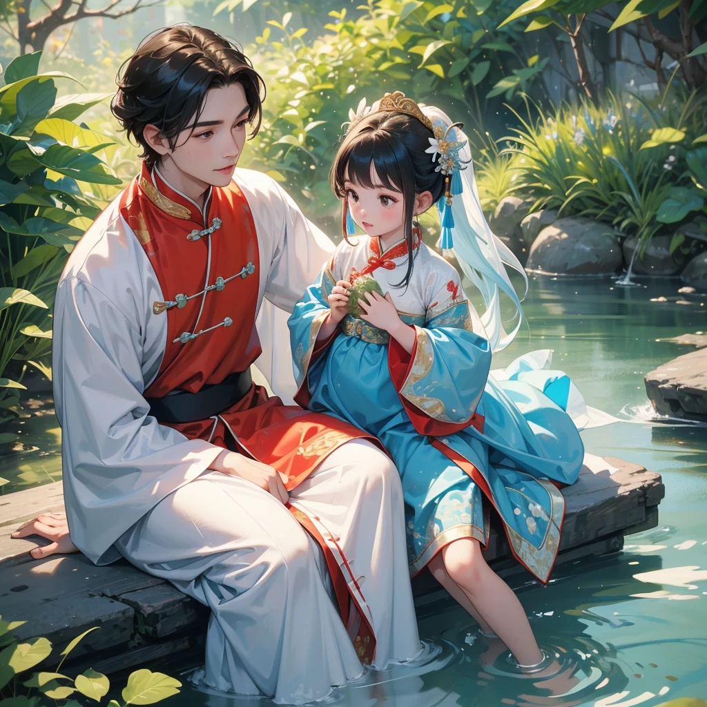 A one-year-old baby boy in an ancient Chinese baby costume with his beautiful mother, dressed in an white ancient Chinese costume, playing with each other, with his handsome father standing next to his mother, close up.
Sitting fishing next to a green stream, a blue river full of fish. flowing slowly