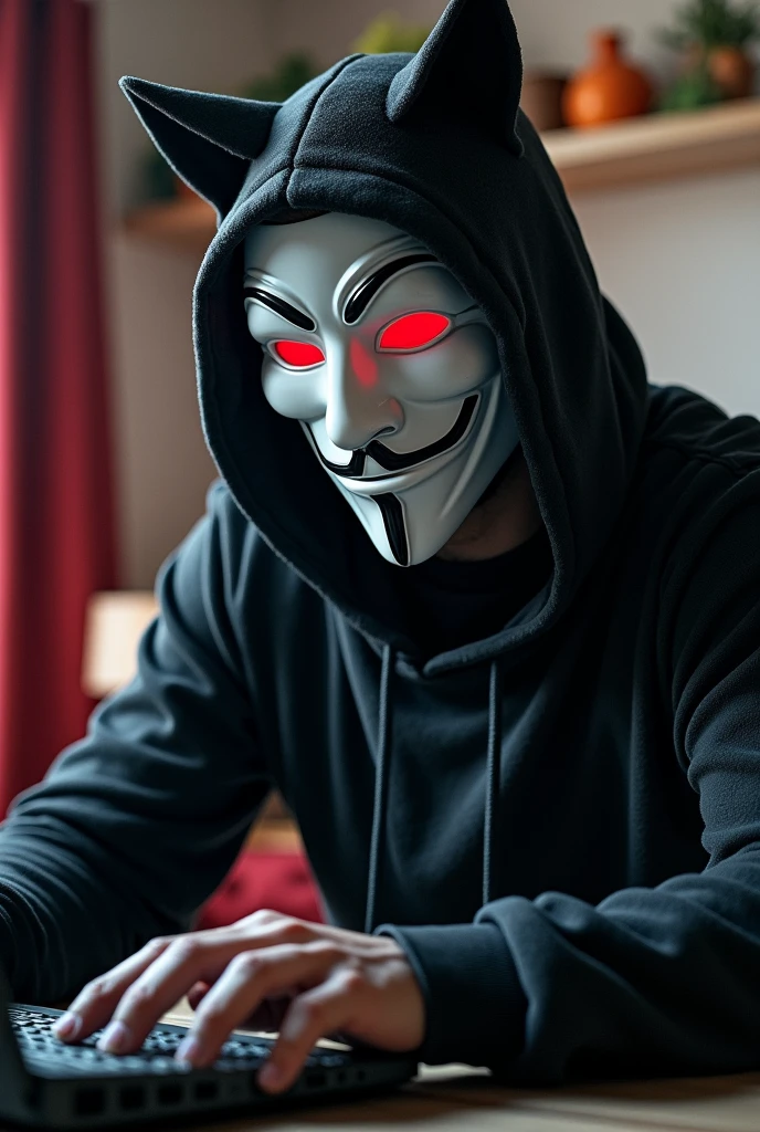 It's a man in his house robust with black hooded sweater sitting using his hacker computer has a white v for vendetta mask with red eyes with black pupils and big cat ears