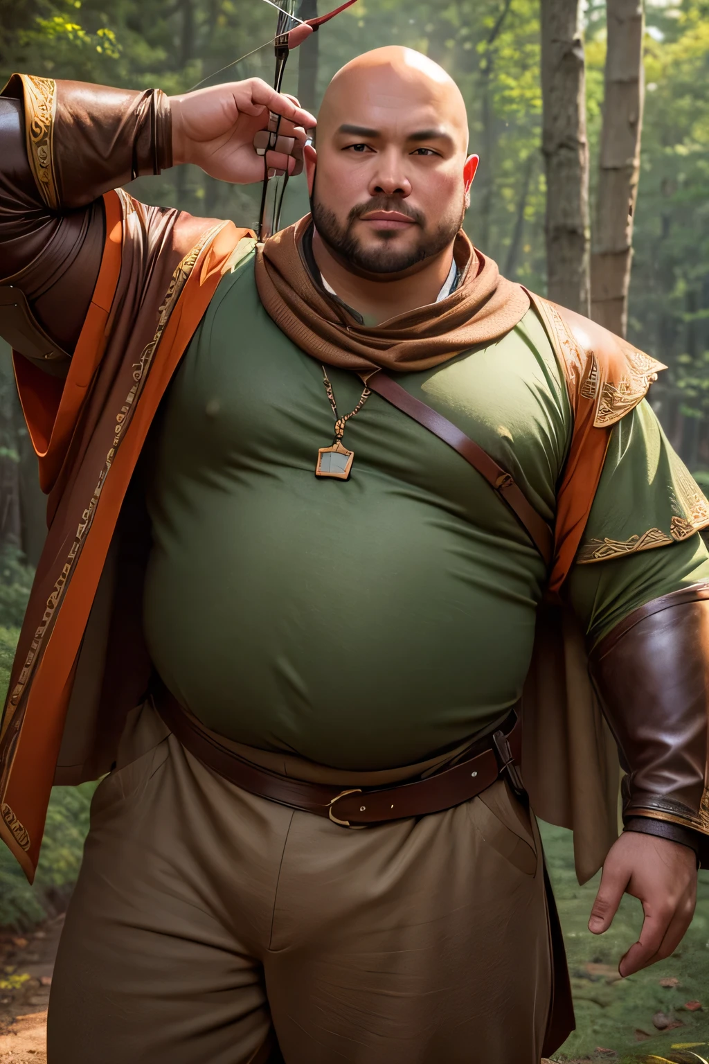 (8K, high definition, high quality, highly detailed) Handsome bald Asian daddy. chubby archer. big tummy. medieval clothes. wearing a green long- sleeved shirt. wearing a brown leather armor. wearing a brown pants. wearing a long orange shawl. aiming with a bow and arrow. forest background. blurred background.