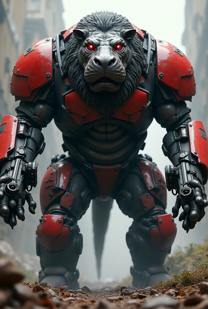 There is a big monster hippo wearing armour, that too in red and black colour, with the head of a lion, and her face is like doctor and doom it is also robotic and has two arms, bodies and guns.