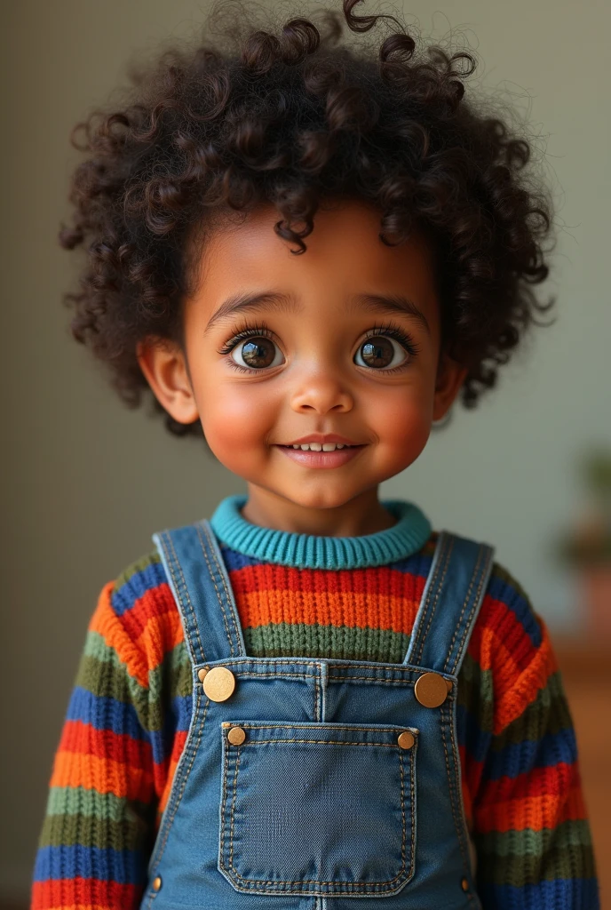 (photorealism:1.2),a  with PANTONE 80-6 C skin, curly hair with less hair on the sides than on top, Long-faced, small, round, dark brown eyes, Medium teeth forward and slightly apart, with a red, blue and green striped sweater, with a pair of jeans-colored overalls unbuttoned on the left side 