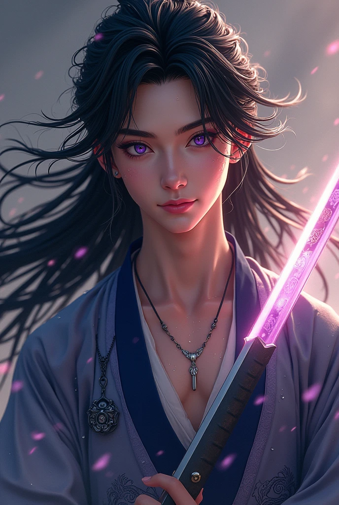 (A teenage man wields a Chinese sword),(cool guy), Hanfu, ink surround,Surrounded by wind, Realistic, Clear face, The eyes are clear and bright, high detal, Movie Lighting, motionblur, Ray traching, reflective light, (closeup cleavage), tmasterpiece, Best quality at best, high qulity, Anatomically correct, ctextured skin, high detal, super detailing, 1080P, hyper HD, k hd,A boy with,BLACK hair, ePurple eyes, Ancient man, swordsmen, long black hair,, clavicle, Wear a necklace,Traditional Hanfu, Gorgeous costumes, Xianxia, fantasy, gentleness, Dragon Totem, Glows skin, rainwater, water dripping, White coat,Pure desire,Young man,The light is gentle,ssmile