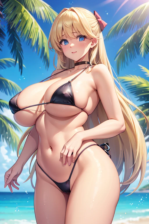 A beauty stands in the middle of the picture(Showing the whole body of a beautiful woman)(The beautiful woman makes an embarrassed face)(20-year-old)(One person)(Detailed face)(Wearing a micro bikini)