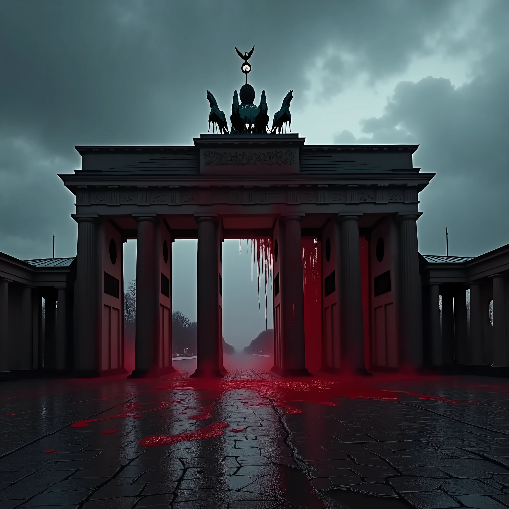 A dark and ominous scene depicts the iconic Brandenburg Gate partially engulfed by a formless, dark red mass resembling a sinister blob. The substance is thick and viscous, with a deep crimson hue that almost appears black in the dim light. It clings to the lower half of the gate, creeping upwards as if it is slowly consuming the monument.

The sky above is overcast, with heavy clouds casting a foreboding gloom over the entire scene. Faint, eerie light filters through the clouds, creating long, distorted shadows that add to the unsettling atmosphere. The once majestic gate, symbolizing history and unity, now appears dwarfed and vulnerable against the encroaching mass.

The ground around the gate is cracked and uneven, with the dark red substance oozing across the cobblestones, leaving a trail of glistening, sticky residue. The air seems heavy and thick, as if charged with an unnatural energy, making the viewer feel uneasy and tense. The overall tone of the image is dark and oppressive, with the stark contrast between the historical monument and the encroaching mass creating a powerful sense of dread and impending doom.