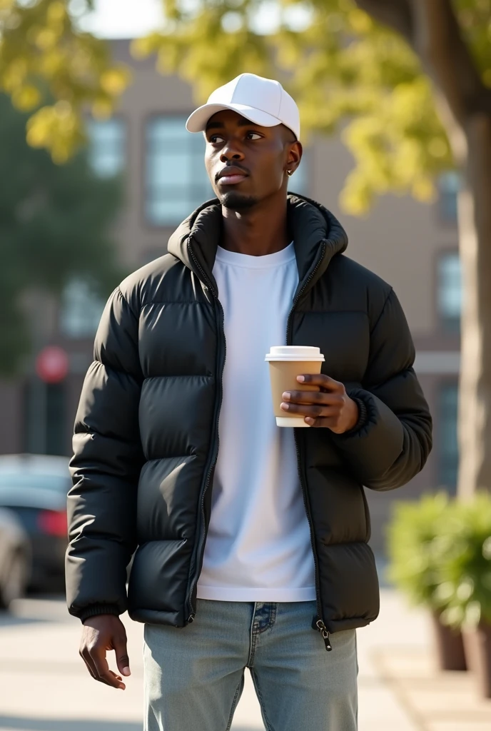 best qualityer:1.4), (ultra high resolution:1.2), (photorrealistic:1.4), (8k, CRU photo:1.2), a thin young man of 20 years old, skin black, with a smooth, beardless face, corte de cabelo buzzcut. He is wearing a white shirt and a black puffer jacket.. He's wearing light jeans. standing. In the background there is a tree and a college building. is wearing a white cap. He has a coffee in his hand. It's sunny. thin build.