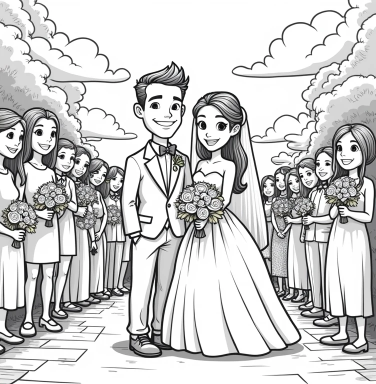 A line art for a children's coloring book with a Pixar-style wedding theme of the bride and groom taking a photo with their guests