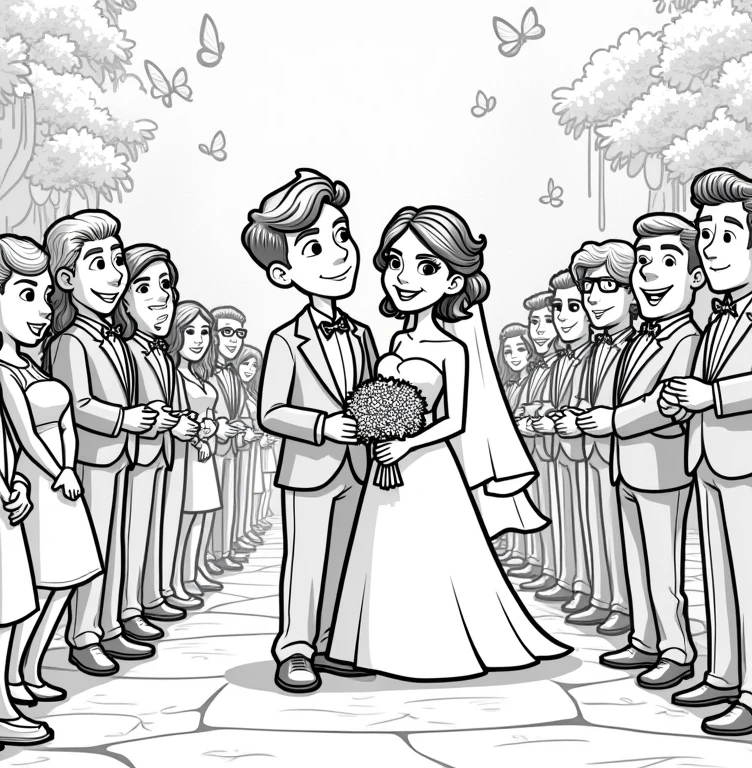 A line art for a children's coloring book with a Pixar-style wedding theme of the bride and groom taking a photo with their guests