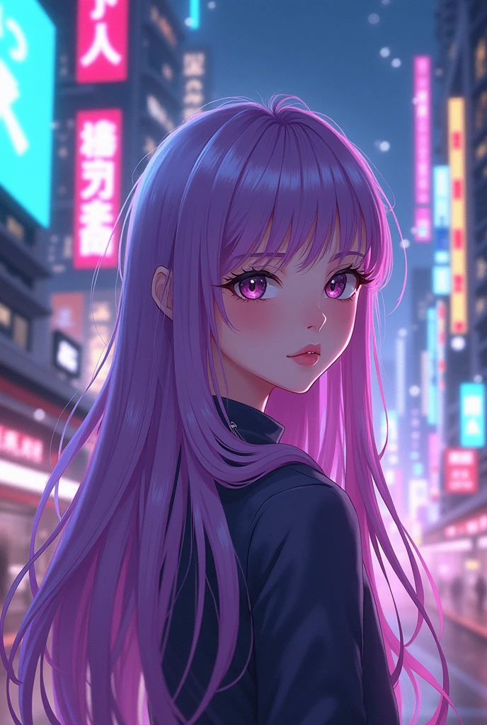 Anime girl with name "Amethyst" in city lights