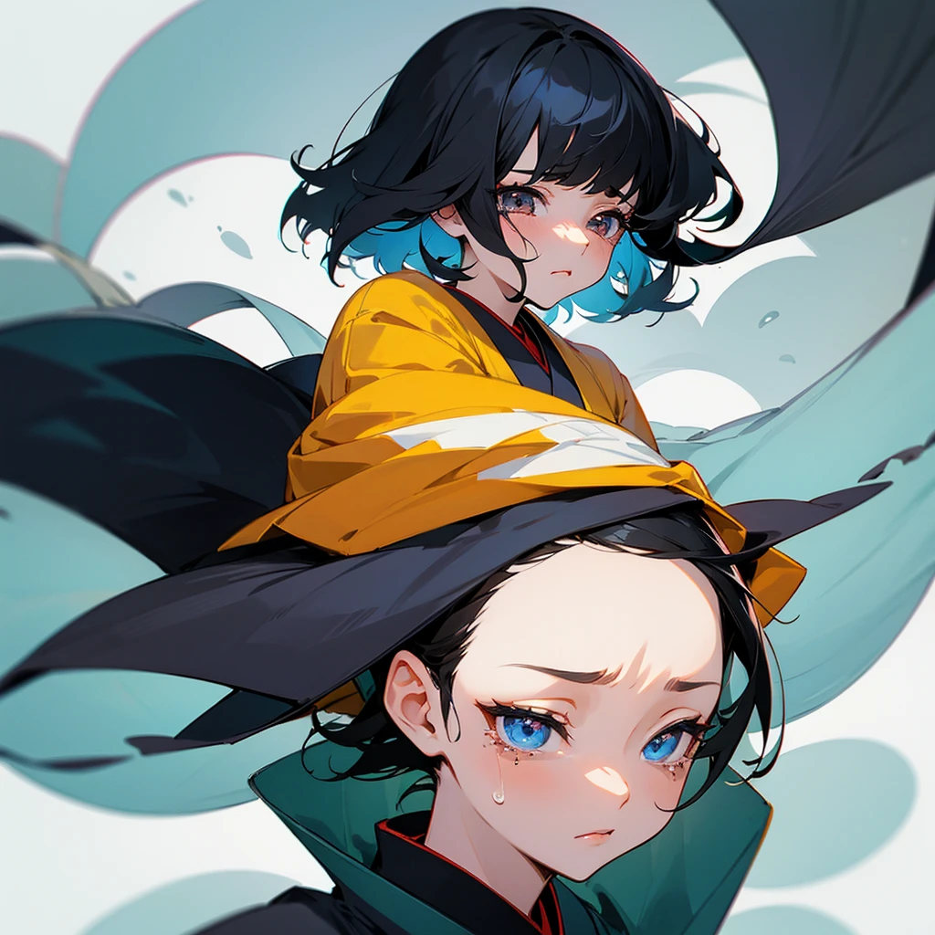 black hair, 1 young woman, bobbed hair, sobbing japanese illustration style, Character Design, Anime Style,