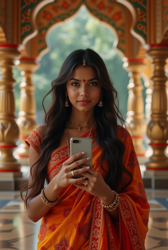 A single Indian 2 girl with long hair wearing saree in shree krishna temple and taking selfie generate a portrait image